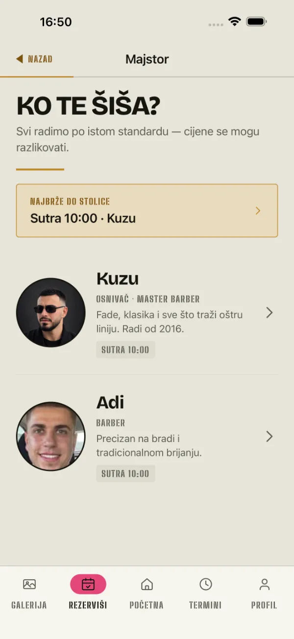 Ko te šiša? — ekran iz aplikacije
