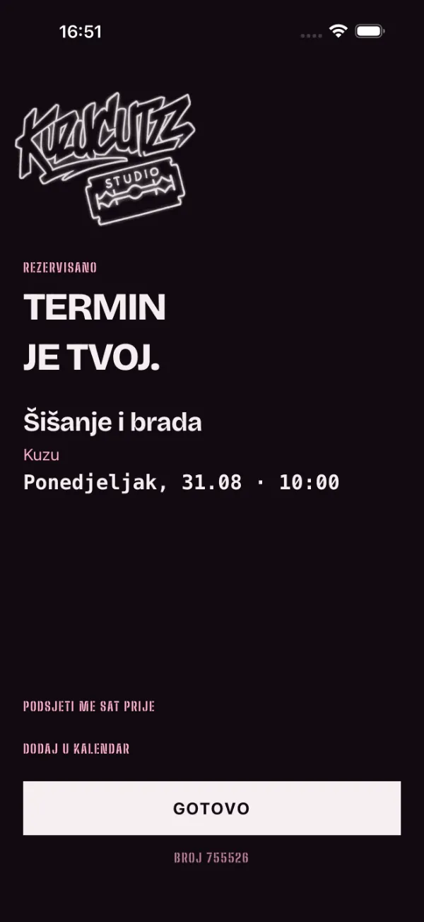 Termin je tvoj — ekran potvrde iz aplikacije
